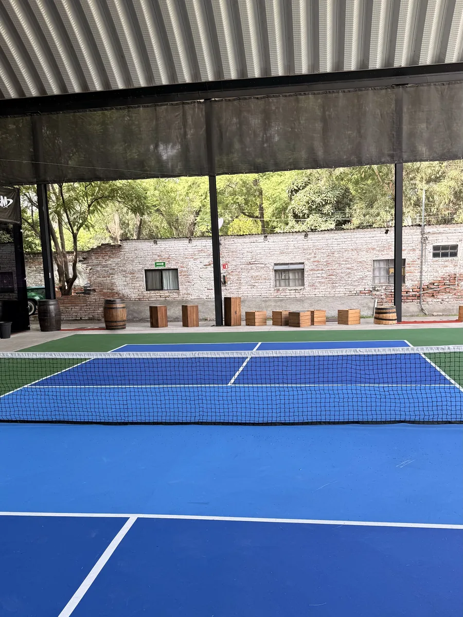Red de la cancha de pickleball en primer plano bajo el techo del club