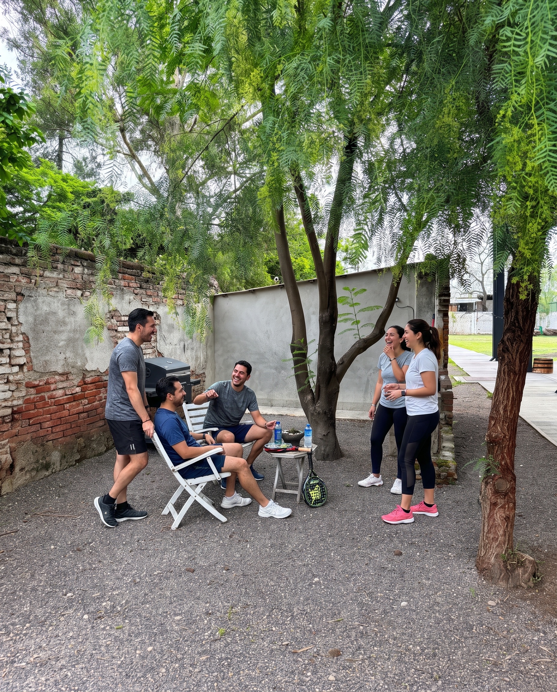 Amigos conviviendo en el jardín de Josefa Pádel después de jugar